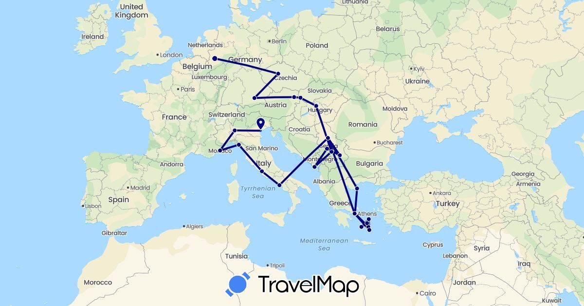 TravelMap itinerary: driving in Austria, Czech Republic, Germany, Greece, Hungary, Italy, Monaco, Montenegro, Serbia, Slovakia (Europe)